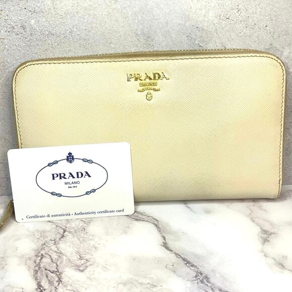 Prada Saffiano Cream Leather Zip Wallet Gold Hardware with Authenticity Card - Picture 1 of 12